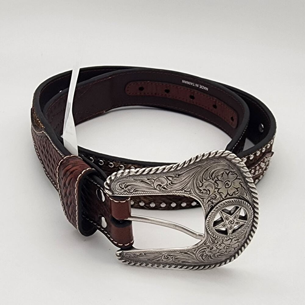 Nocona Western Belt Genuine Leather Star Calf Hair Brown N2506808 Sz 34